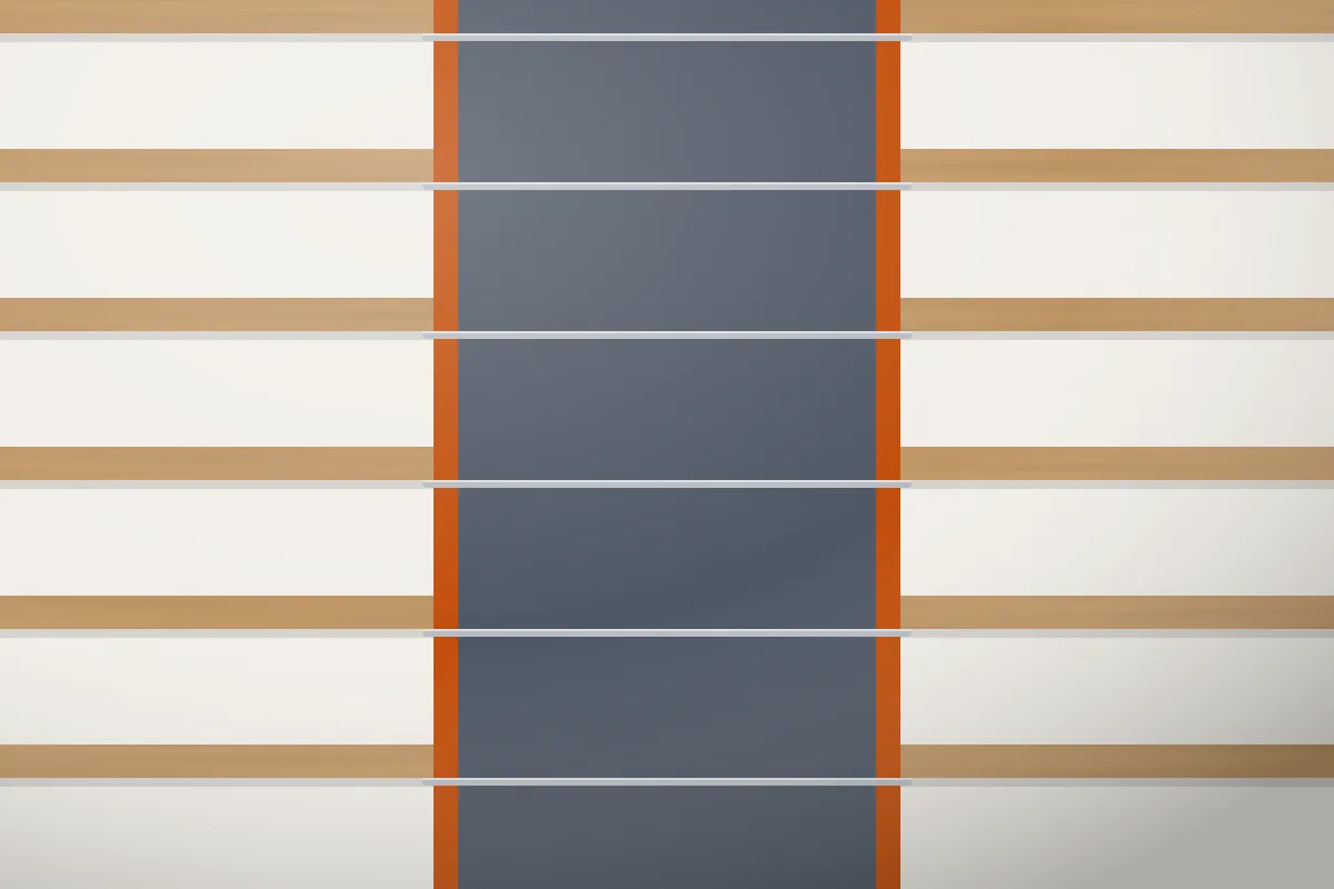 Illustration of a staircase with a grey carpet runner held by stair rods